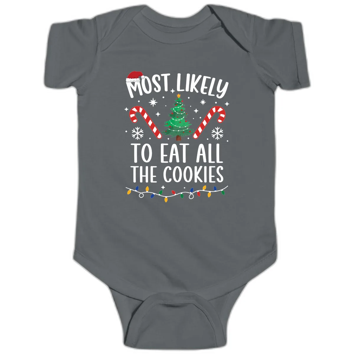 Most Likely To Eat All The Cookies Baby Onesie in Charcoal