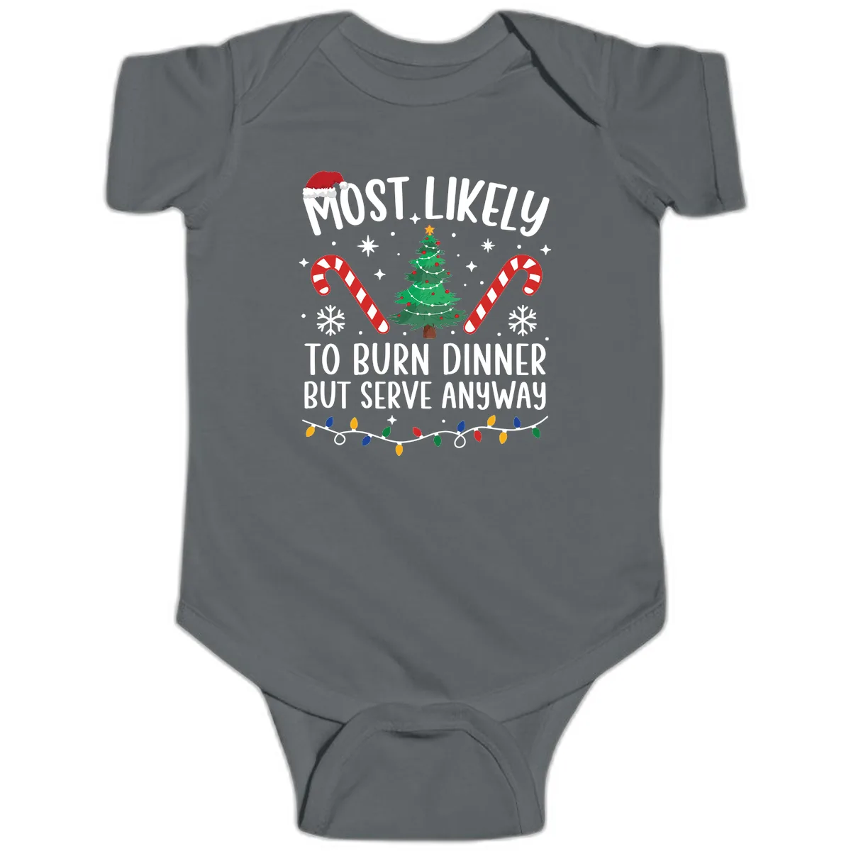 Most Likely To Burn Dinner Shirt Baby Onesie in Charcoal