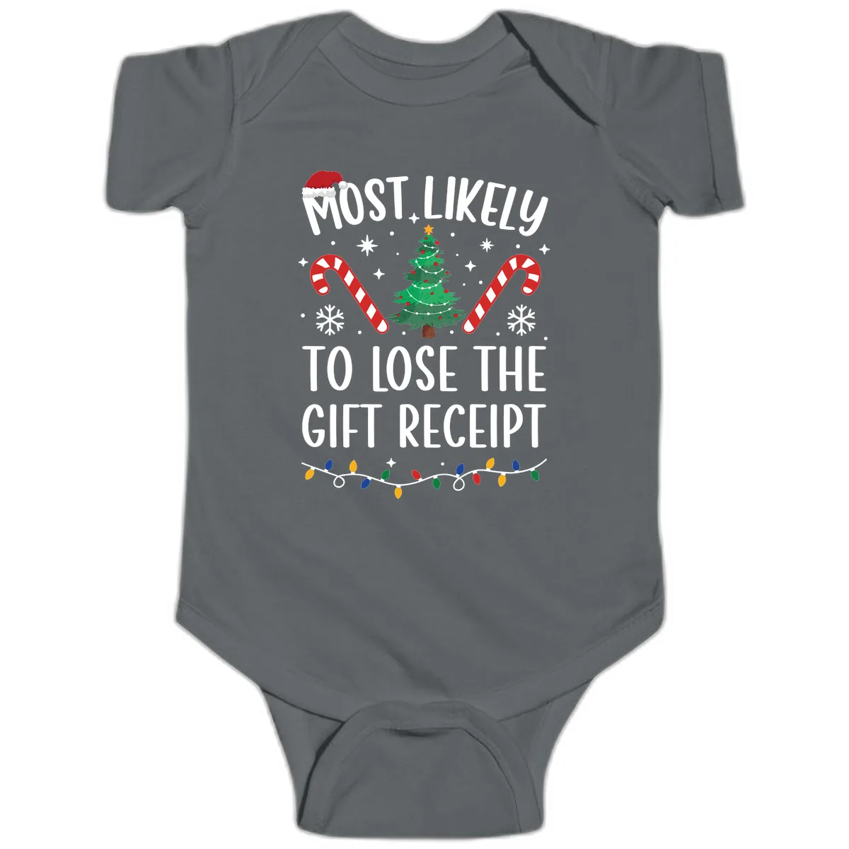 Most Likely To Lose The Gift Receipt Baby Onesie in Charcoal