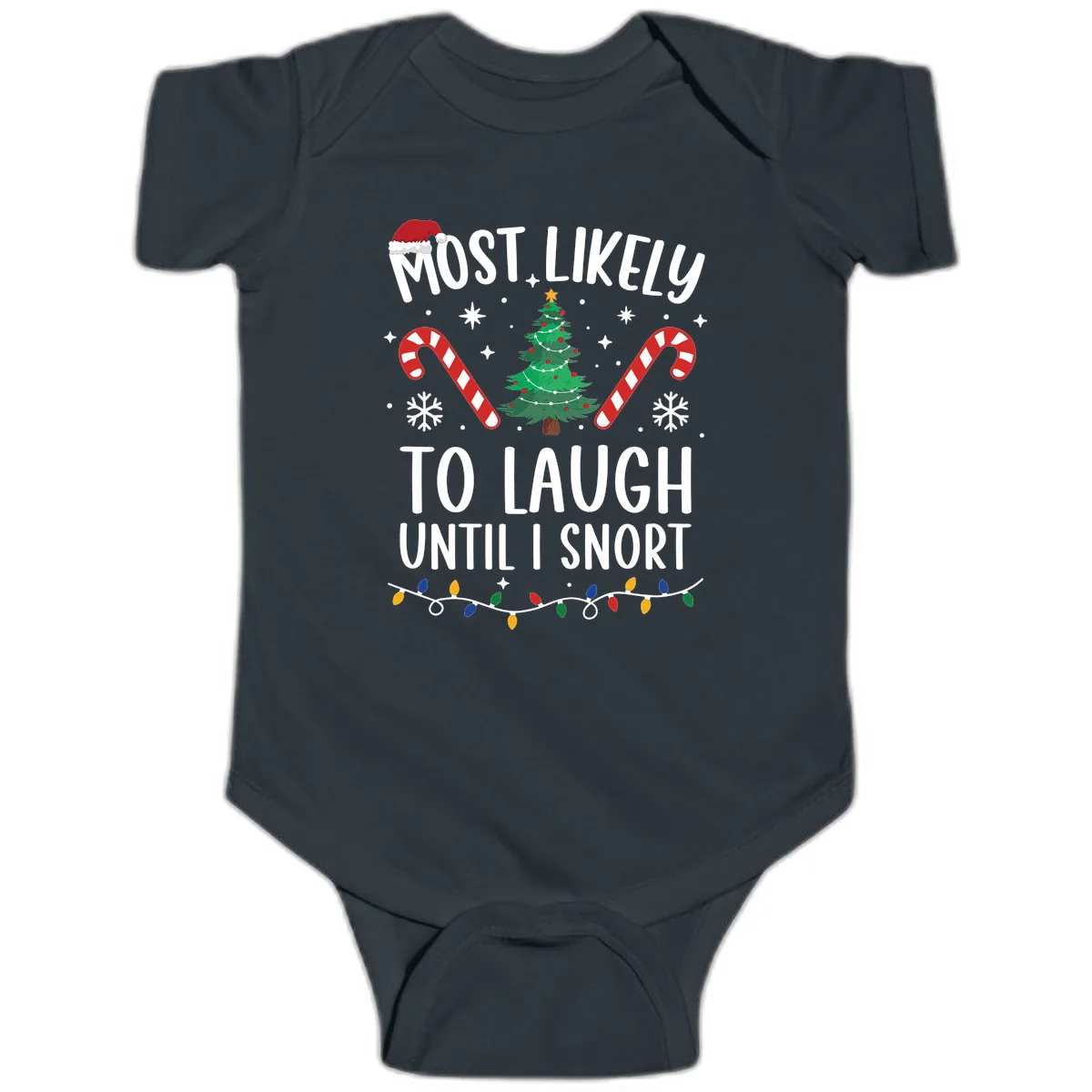 Most Likely To Laugh Until I Snort Christmas Baby Onesie in Black