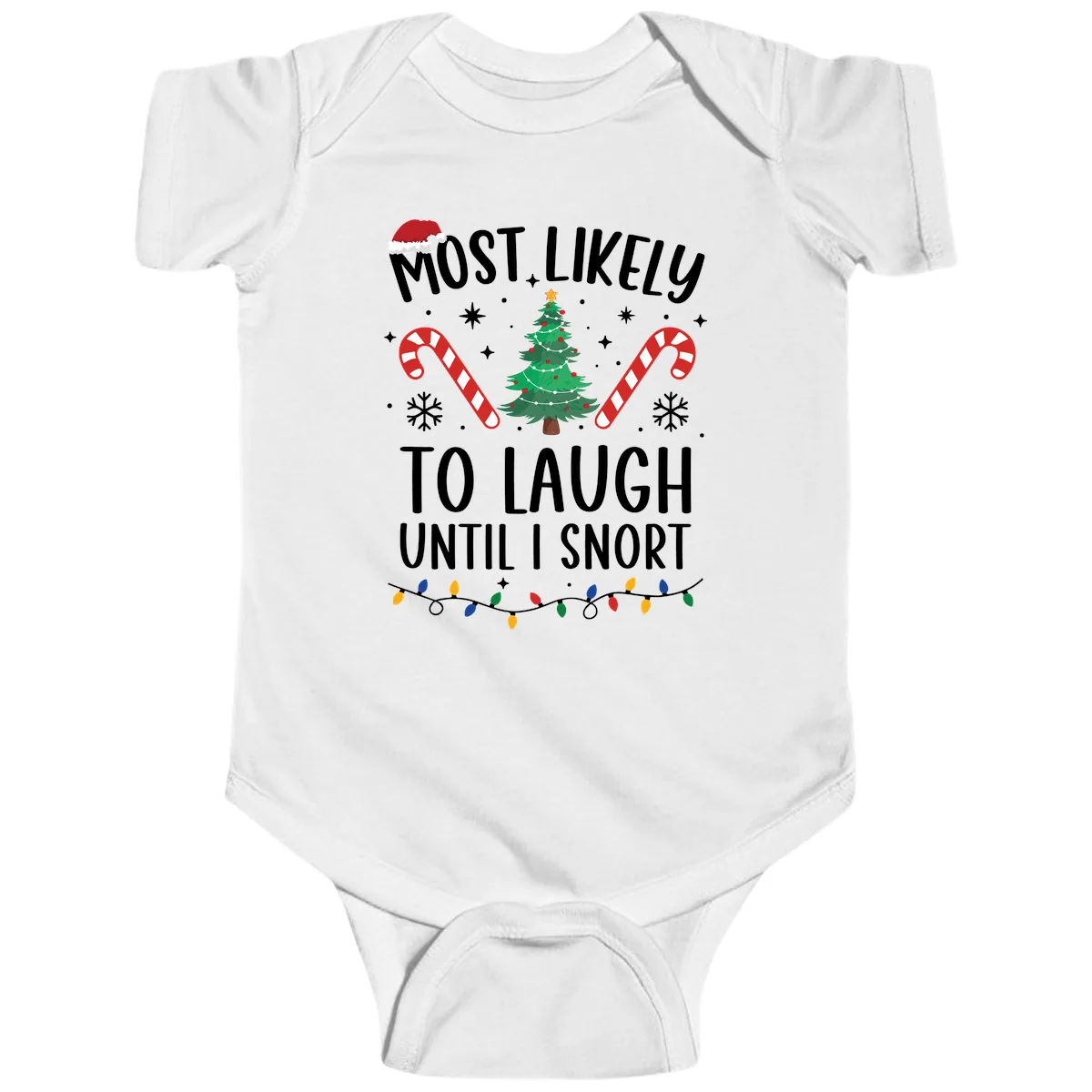 Most Likely To Laugh Until I Snort Christmas Baby Onesie in White