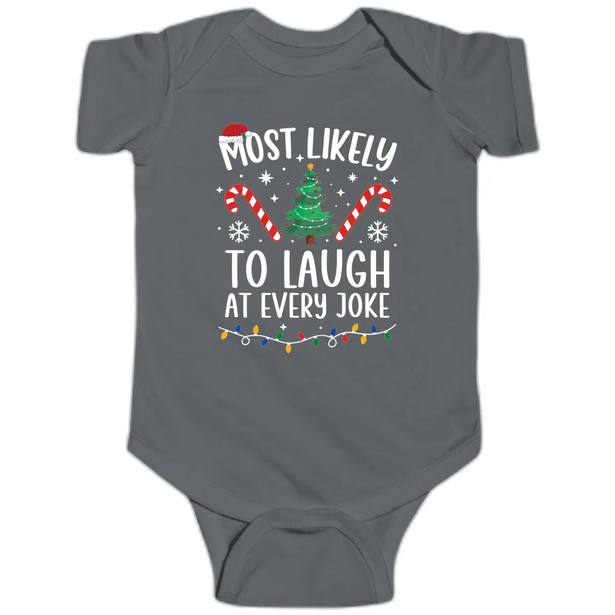Most Likely To Laugh At Every Joke Christmas Tee Baby Onesie in Charcoal