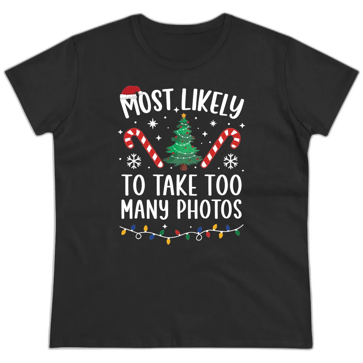 Most Likely To Take Too Many Photos Ladies Tee in Black