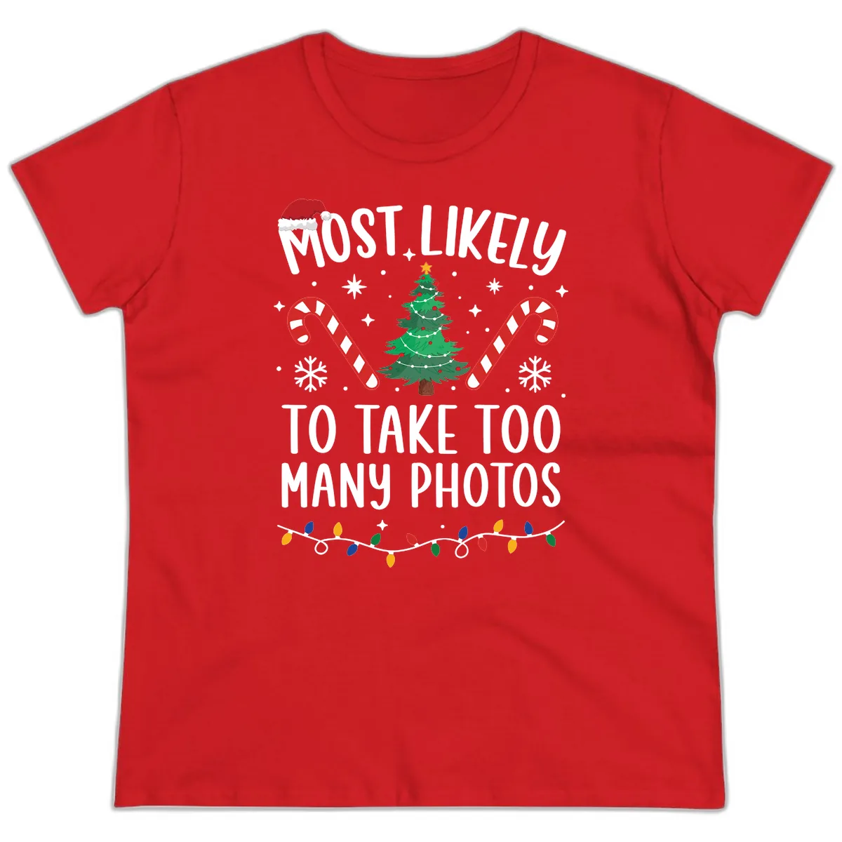 Most Likely To Take Too Many Photos Ladies Tee in Red