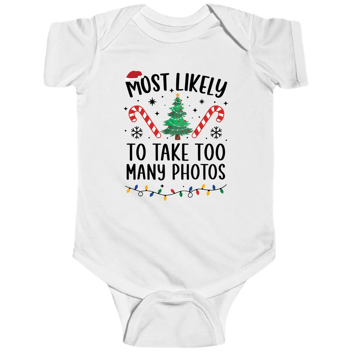 Most Likely To Take Too Many Photos Baby Onesie in White