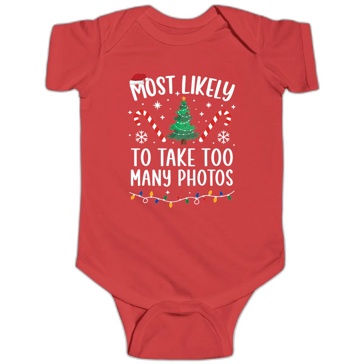 Most Likely To Take Too Many Photos Baby Onesie in Red
