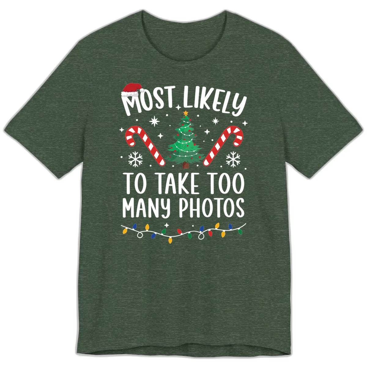 Most Likely To Take Too Many Photos Premium T-Shirt in Heather Forest