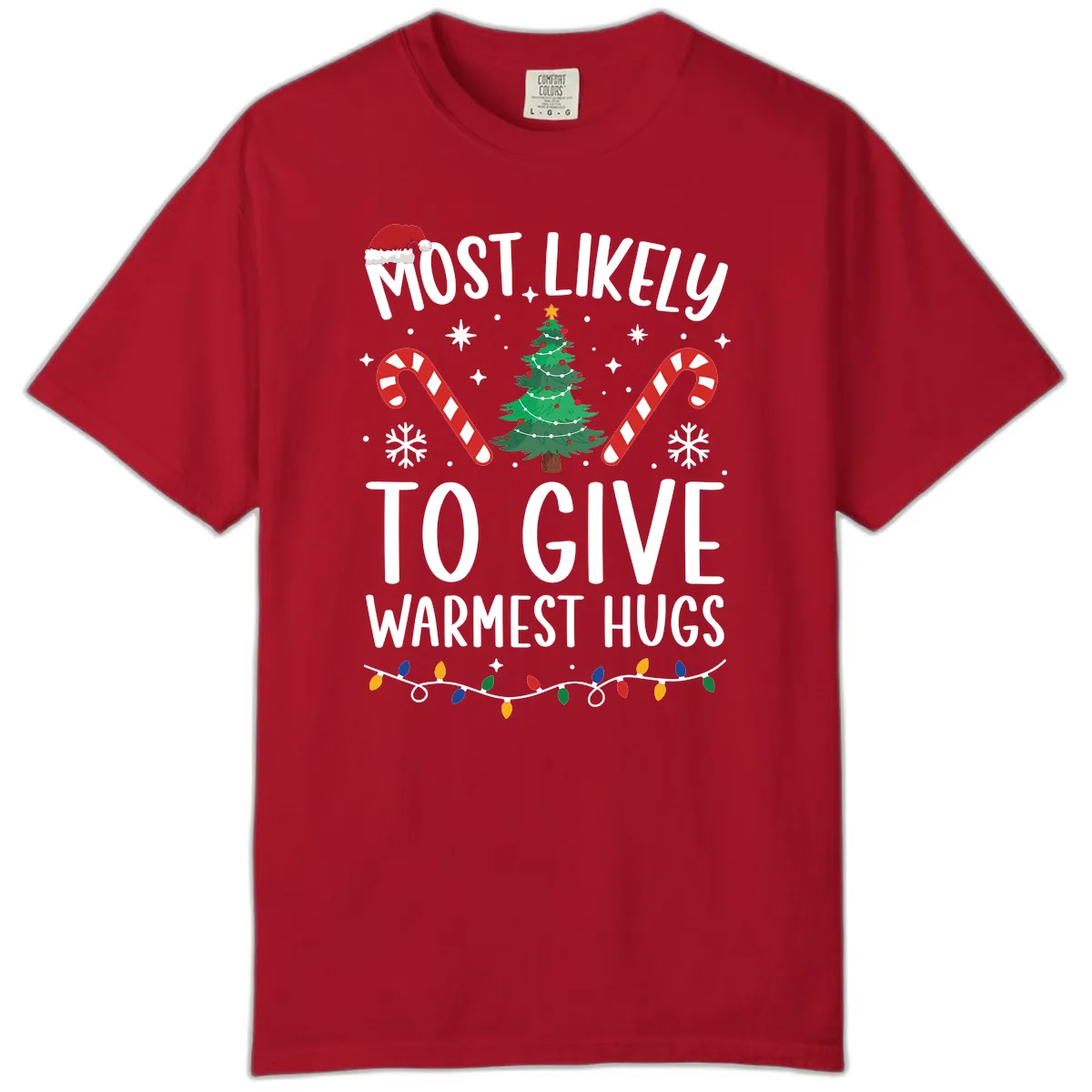 Most Likely To Give Warmest Hugs Christmas Comfort Color in Red