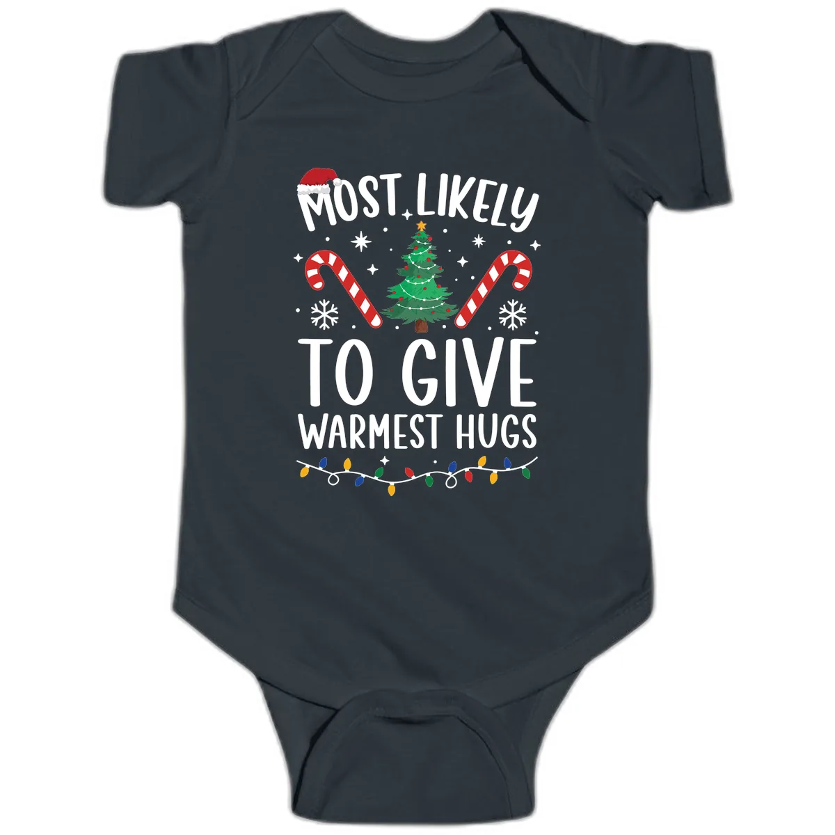 Most Likely To Give Warmest Hugs Christmas Baby Onesie in Black