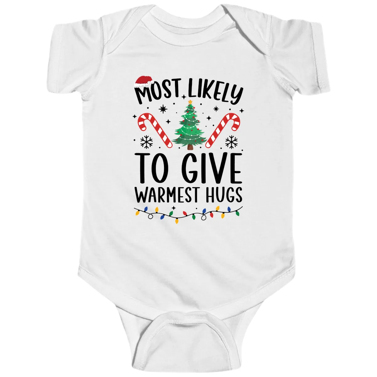Most Likely To Give Warmest Hugs Christmas Baby Onesie in White