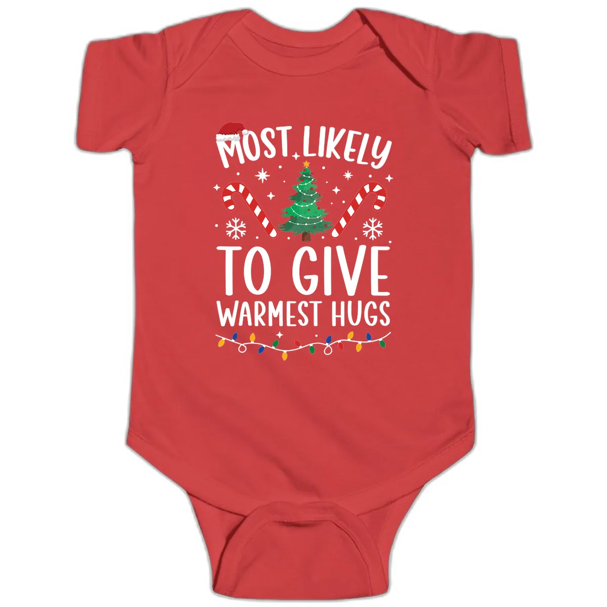 Most Likely To Give Warmest Hugs Christmas Baby Onesie in Red