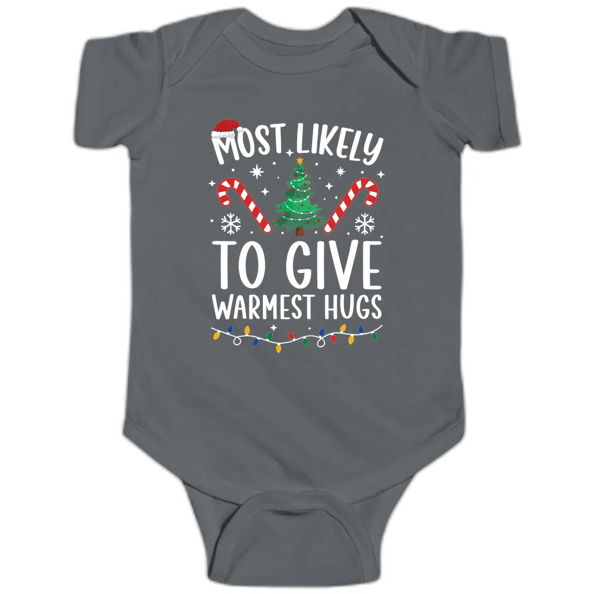 Most Likely To Give Warmest Hugs Christmas Baby Onesie in Charcoal