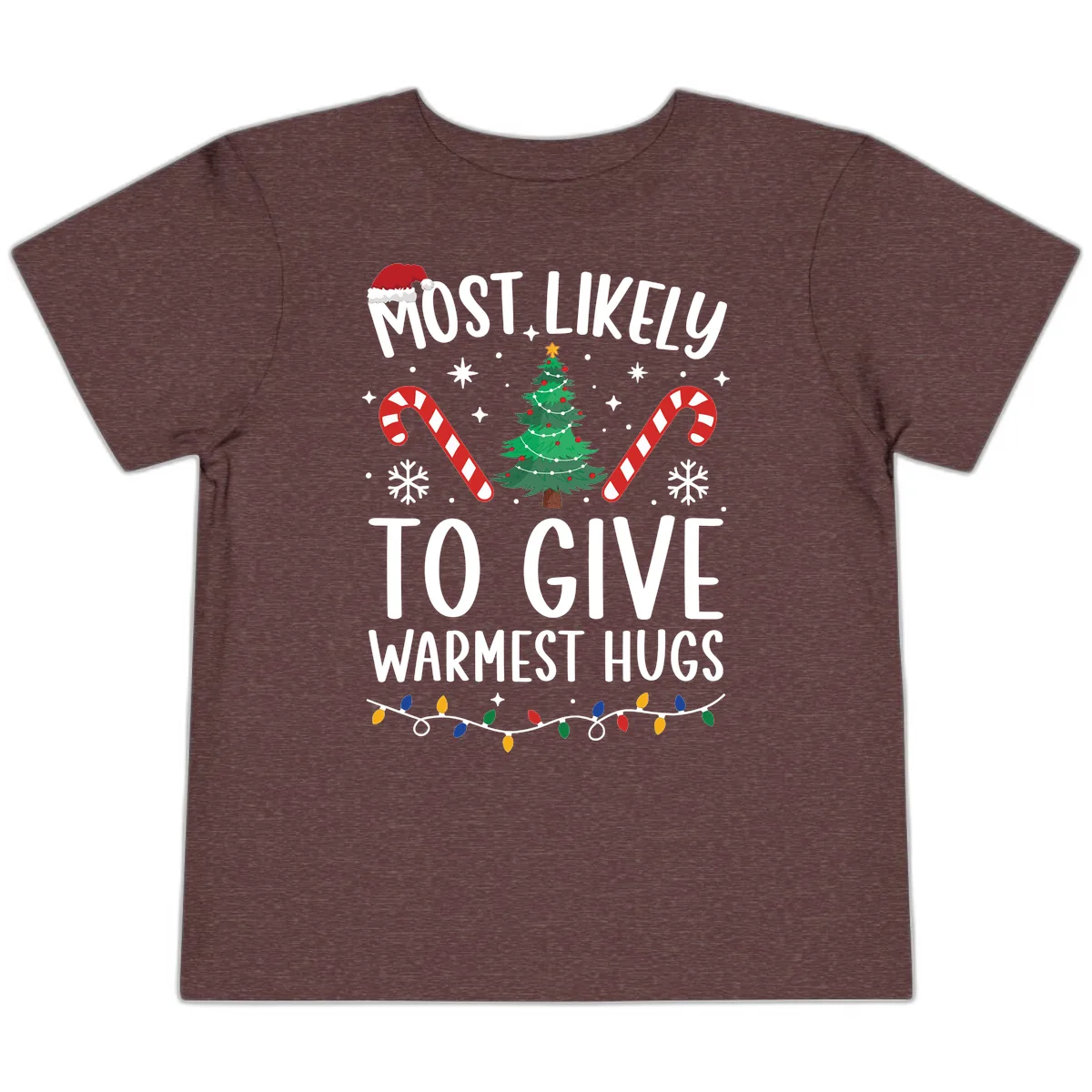 Most Likely To Give Warmest Hugs Christmas Toddler T-Shirt in Heather Maroon