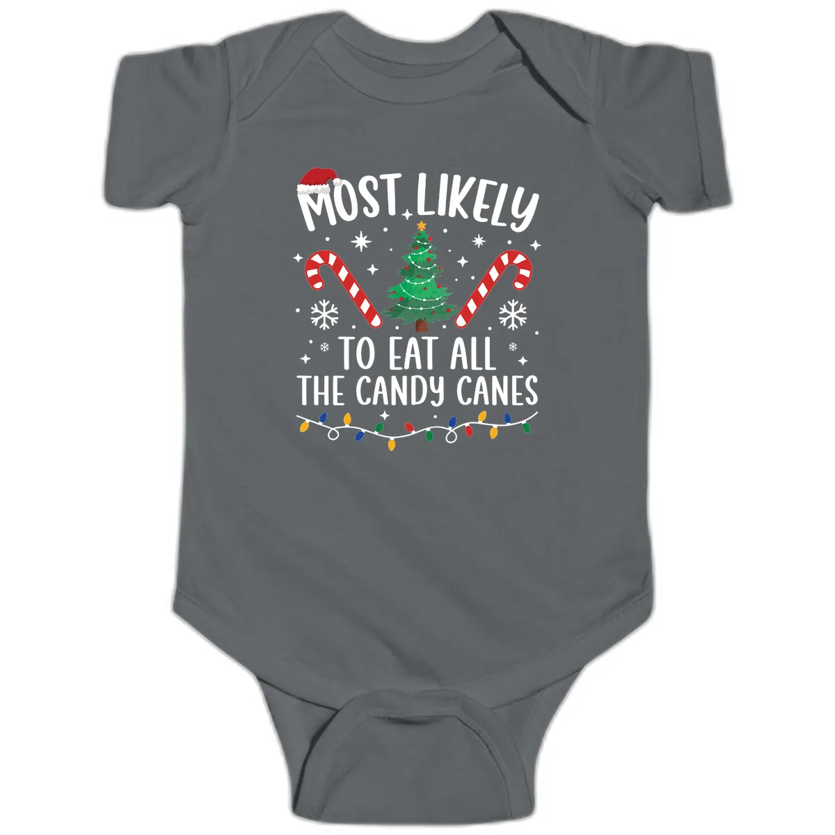 Most Likely To Eat Candy Canes Christmas Baby Onesie in Charcoal