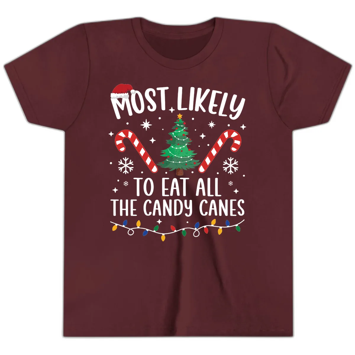 Most Likely To Eat Candy Canes Christmas Youth T-Shirt in Maroon
