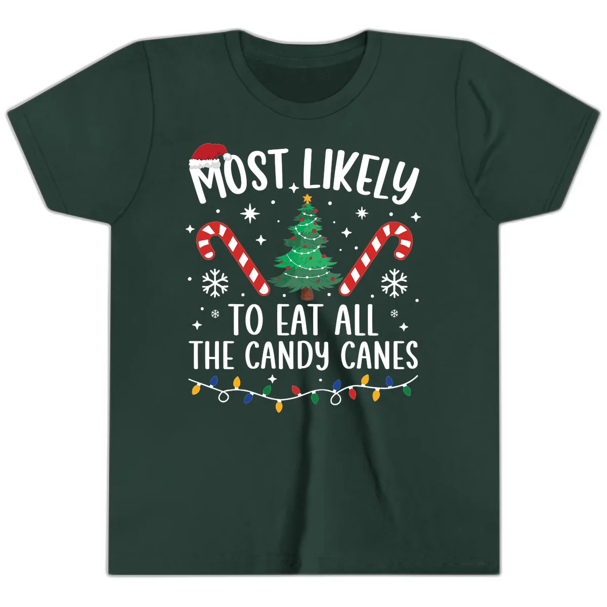 Most Likely To Eat Candy Canes Christmas Youth T-Shirt in Forest