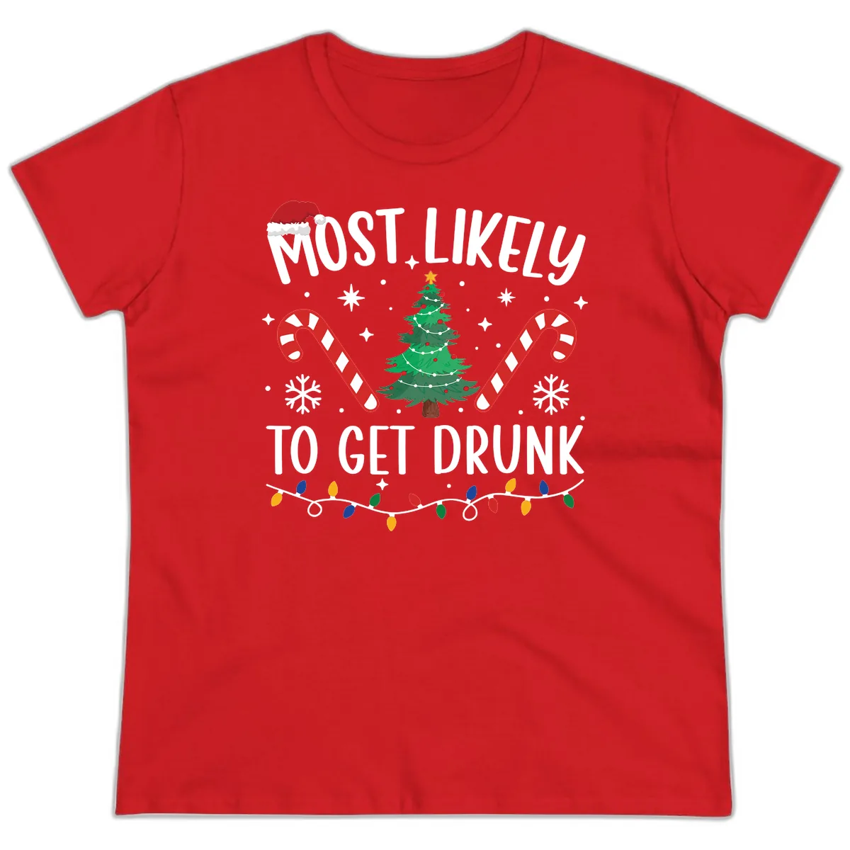 Most Likely To Get Drunk Christmas Ladies Tee in Red