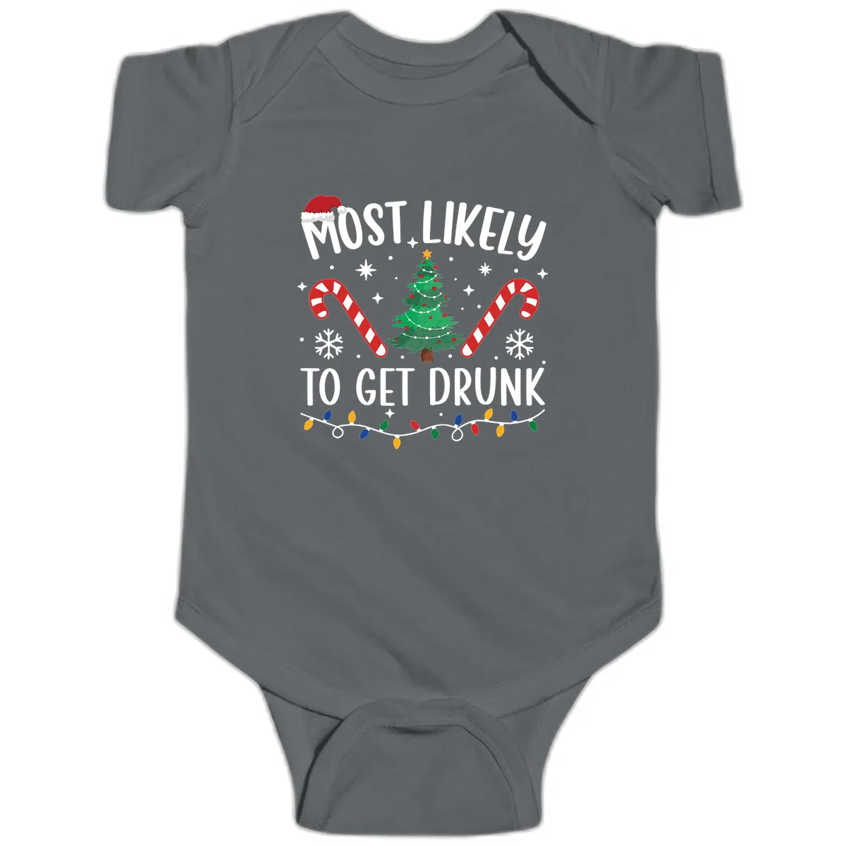 Most Likely To Get Drunk Christmas Baby Onesie in Charcoal