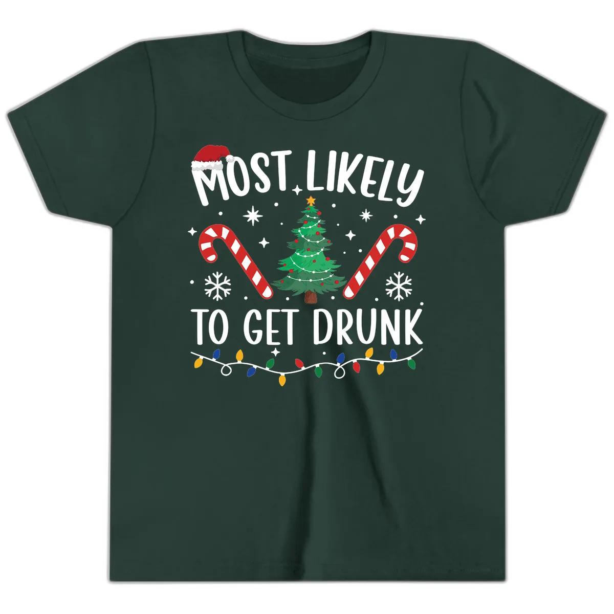 Most Likely To Get Drunk Christmas Youth T-Shirt in Forest