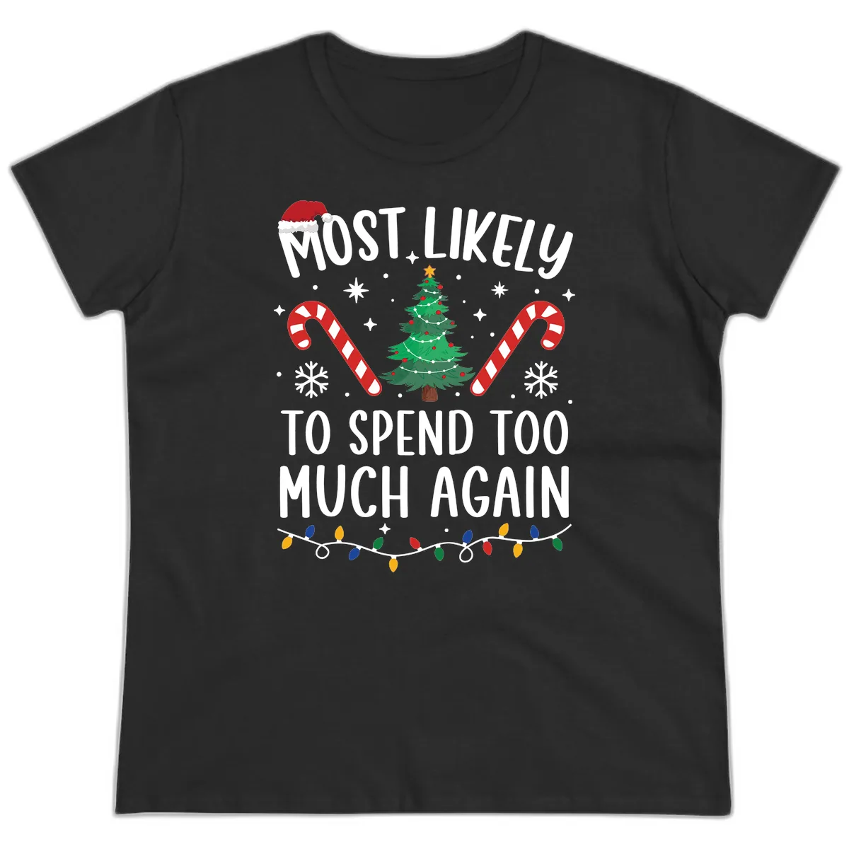 Most Likely To Spend Too Much Christmas Ladies Tee in Black