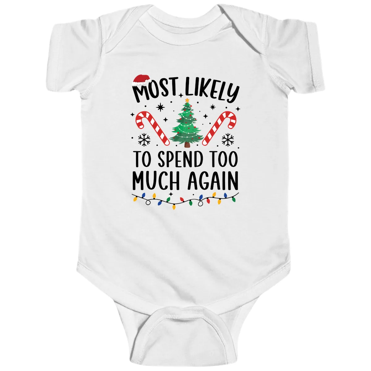 Most Likely To Spend Too Much Christmas Baby Onesie in White