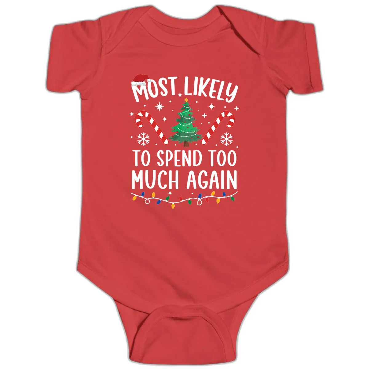 Most Likely To Spend Too Much Christmas Baby Onesie in Red