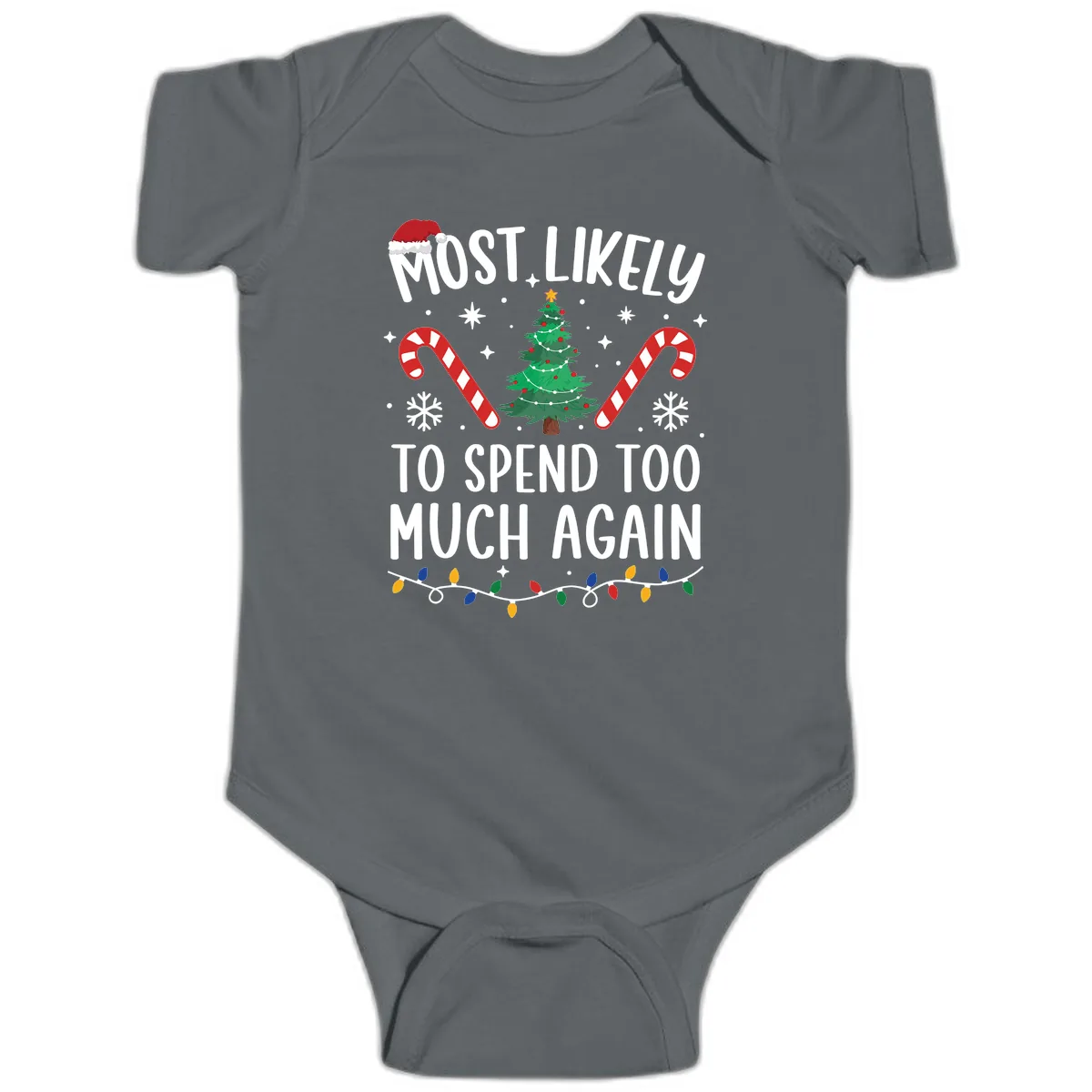 Most Likely To Spend Too Much Christmas Baby Onesie in Charcoal