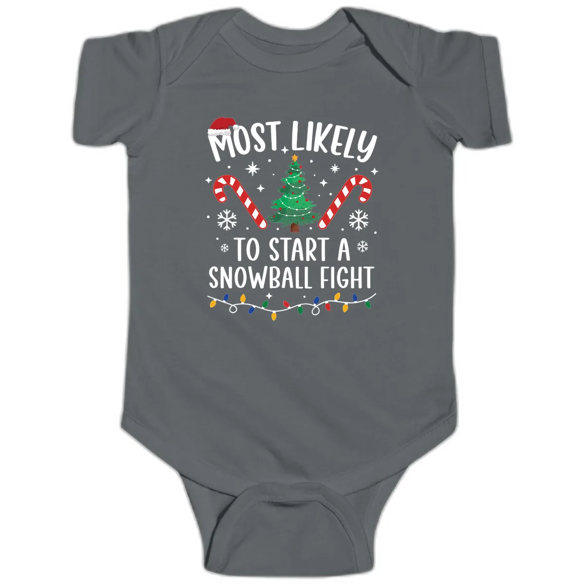 Most Likely To Start A Snowball Fight Baby Onesie in Charcoal