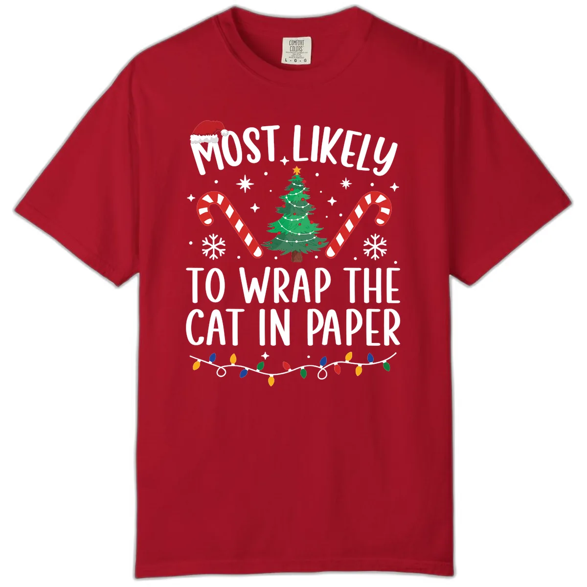 Most Likely To Wrap The Cat Christmas Comfort Color in Red