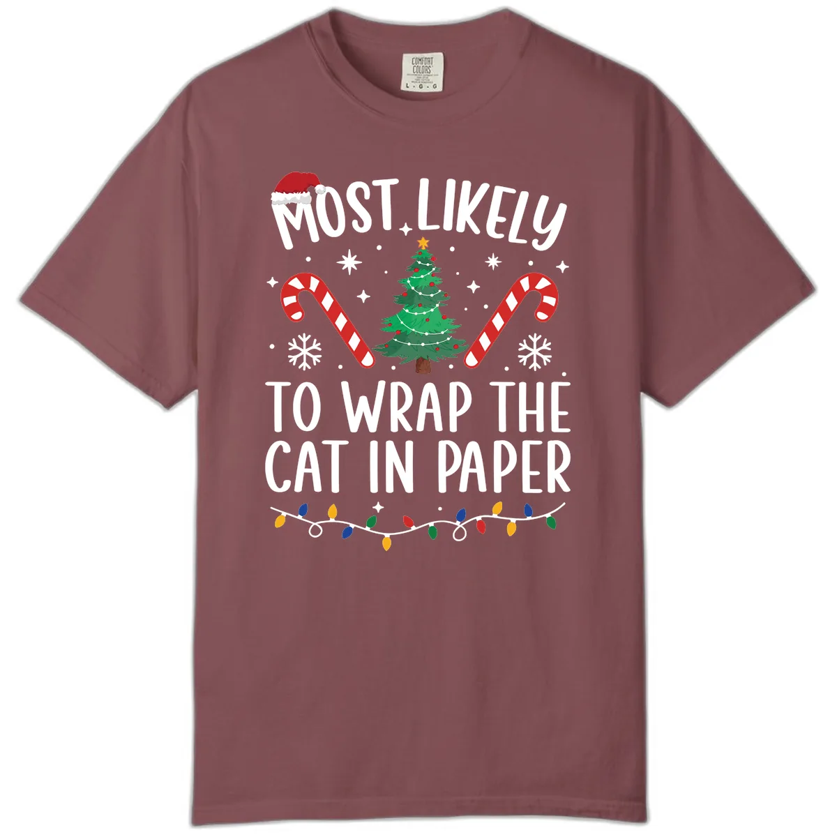 Most Likely To Wrap The Cat Christmas Comfort Color in Brick