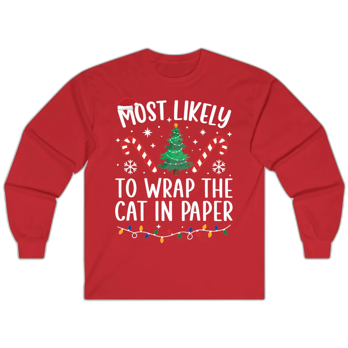 Most Likely To Wrap The Cat Christmas Long Sleeve in Red