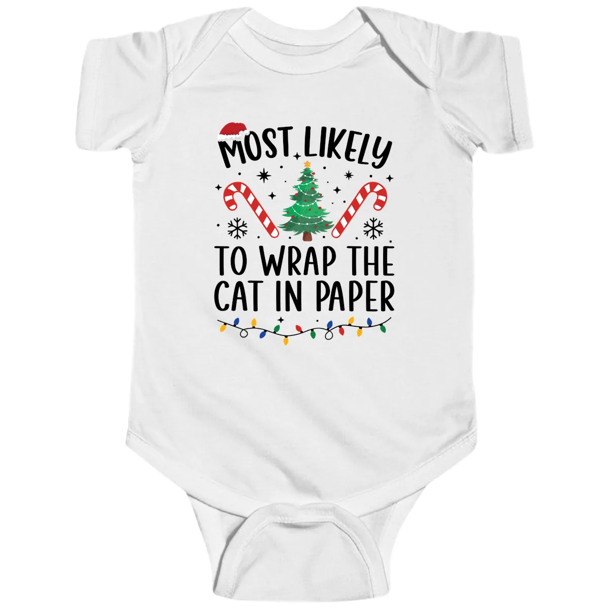 Most Likely To Wrap The Cat Christmas Baby Onesie in White