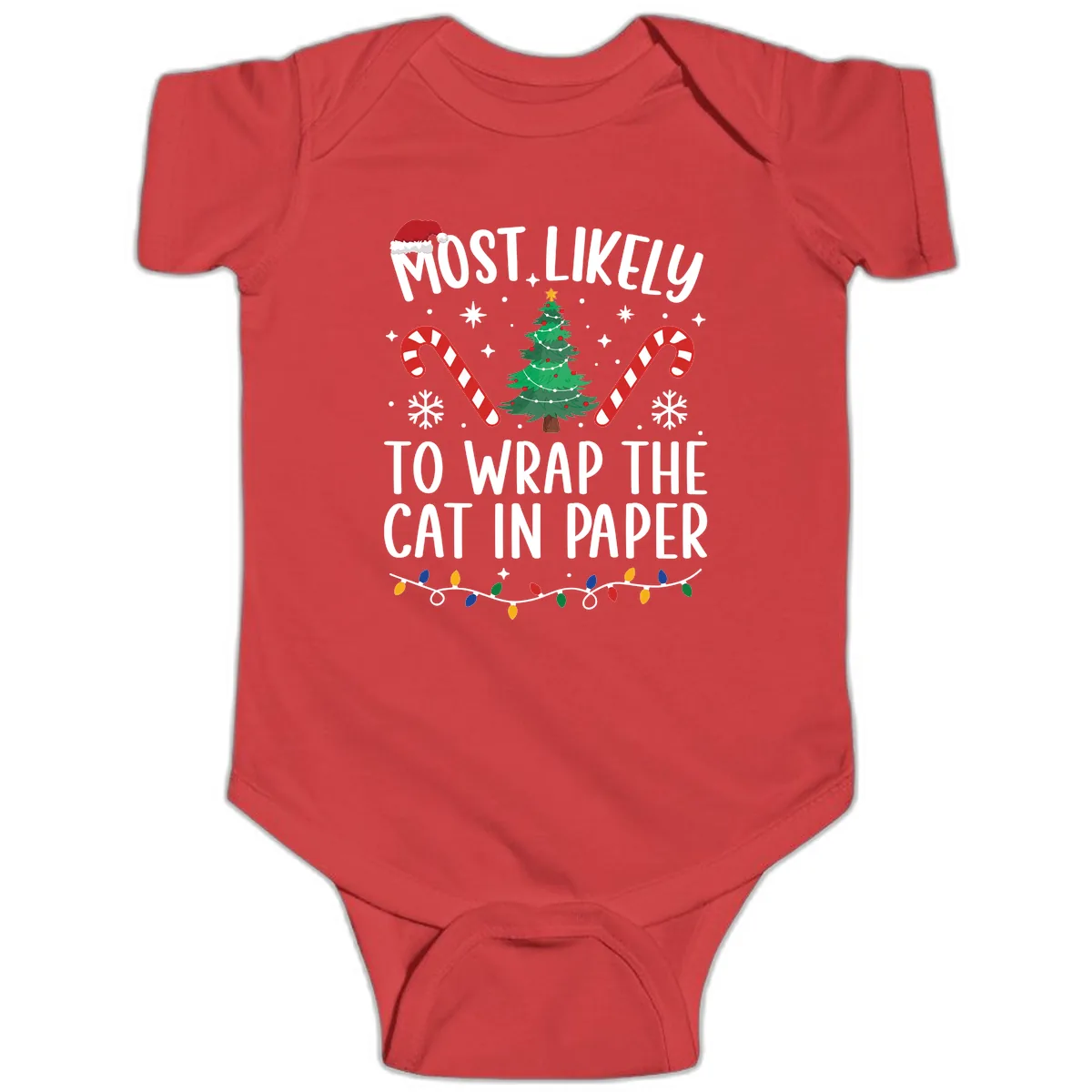 Most Likely To Wrap The Cat Christmas Baby Onesie in Red