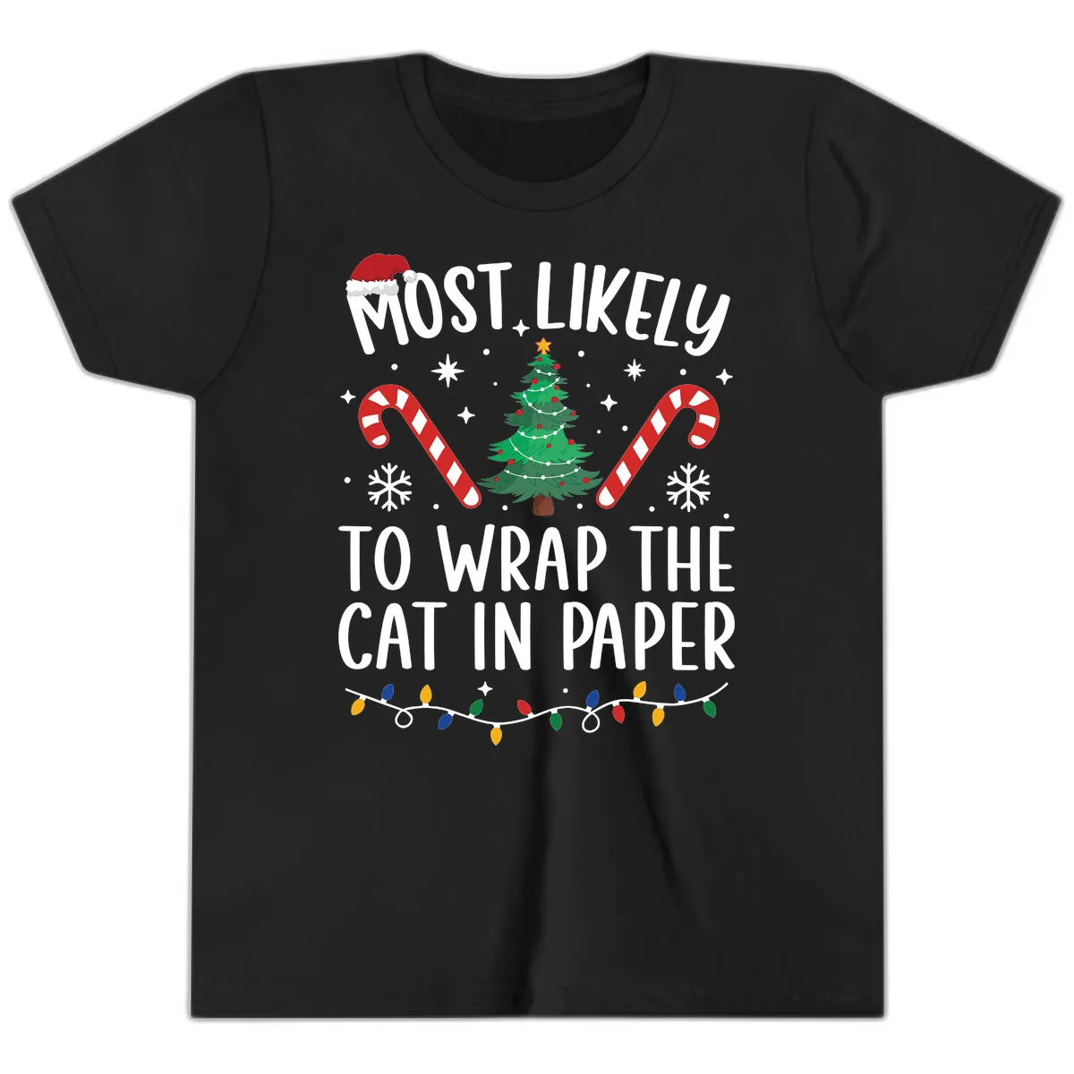 Most Likely To Wrap The Cat Christmas Youth T-Shirt in Black