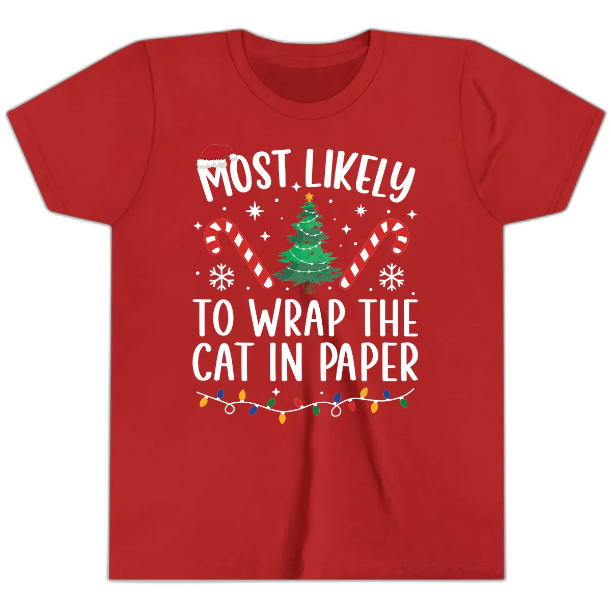 Most Likely To Wrap The Cat Christmas Youth T-Shirt in Red