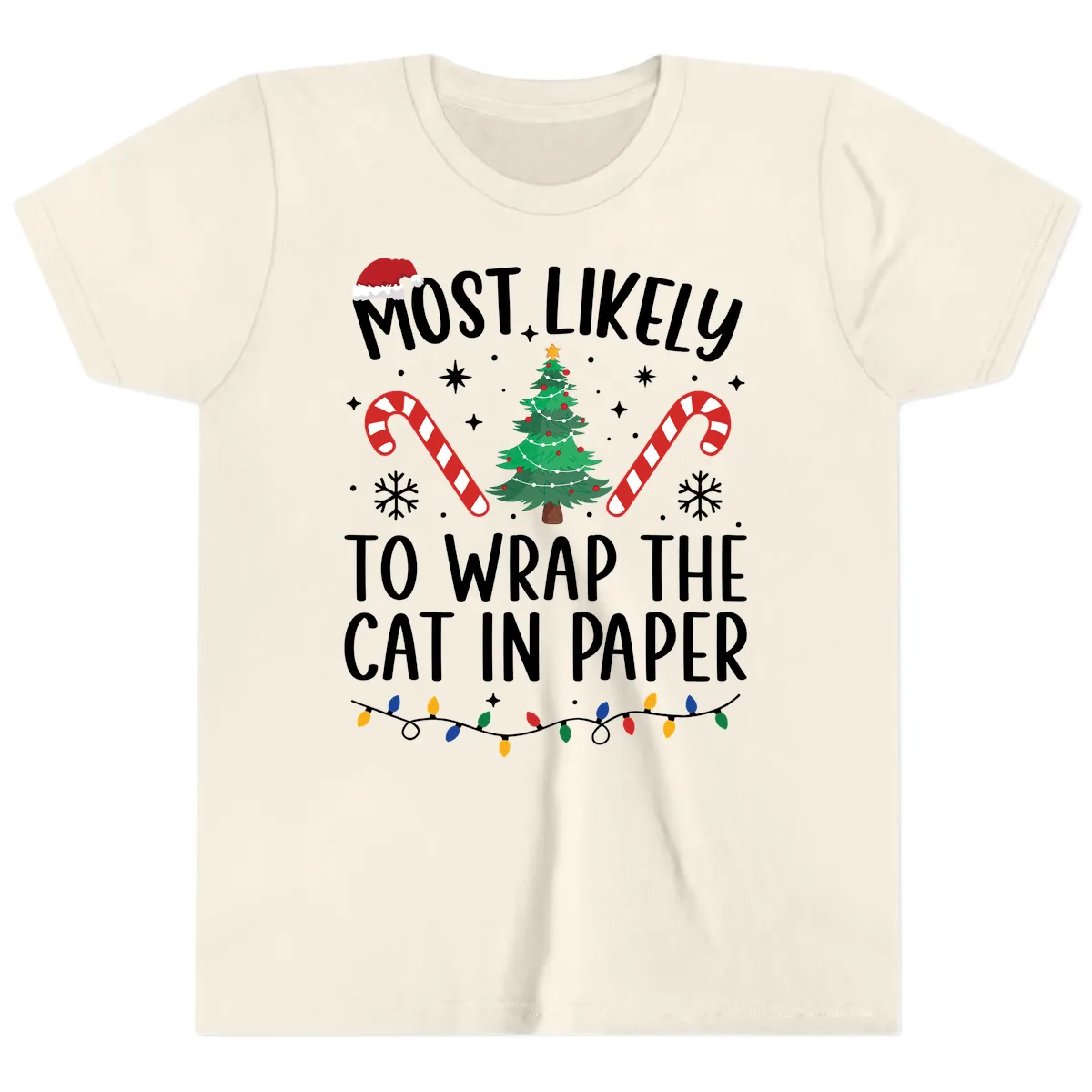 Most Likely To Wrap The Cat Christmas Youth T-Shirt in Natural