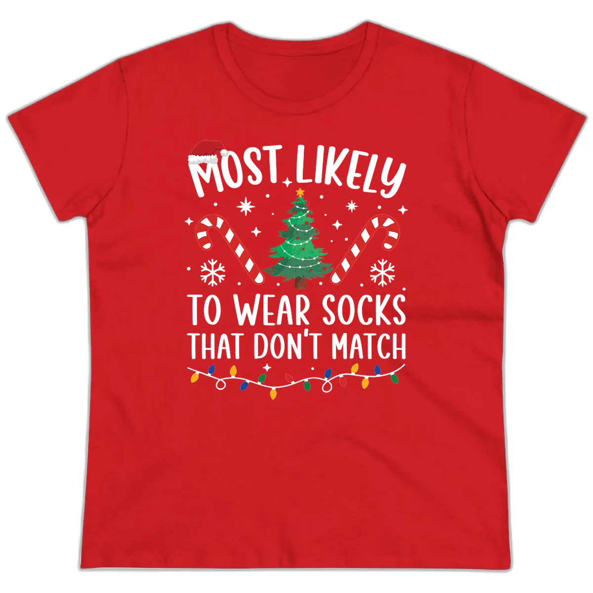 Most Likely To Wear Mismatched Socks Ladies Tee in Red