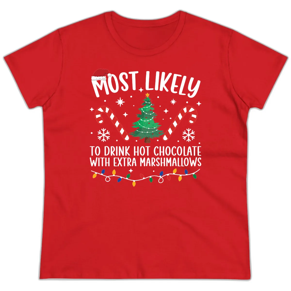 Most Likely To Drink Hot Chocolate Ladies Tee in Red