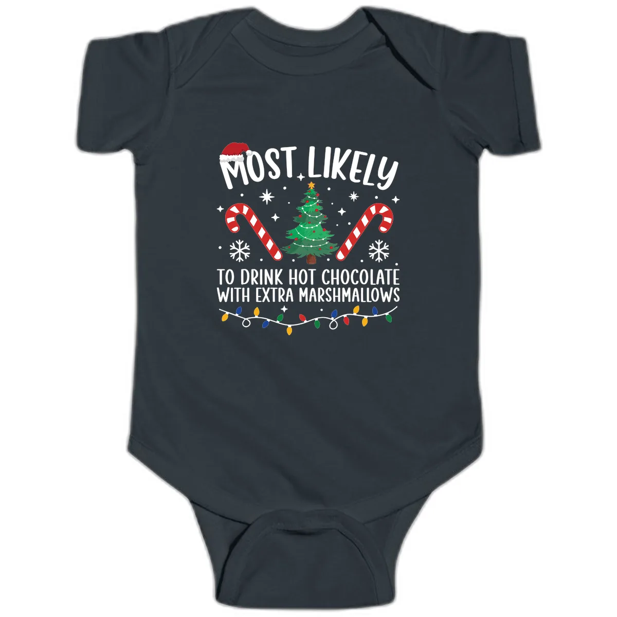 Most Likely To Drink Hot Chocolate Baby Onesie in Black