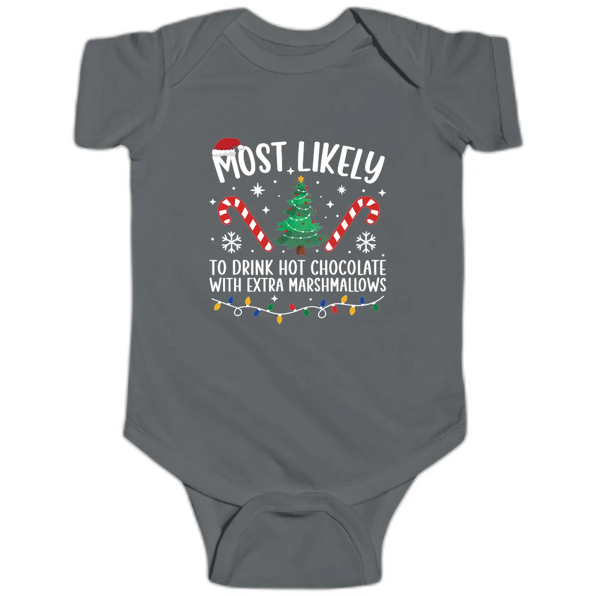Most Likely To Drink Hot Chocolate Baby Onesie in Charcoal