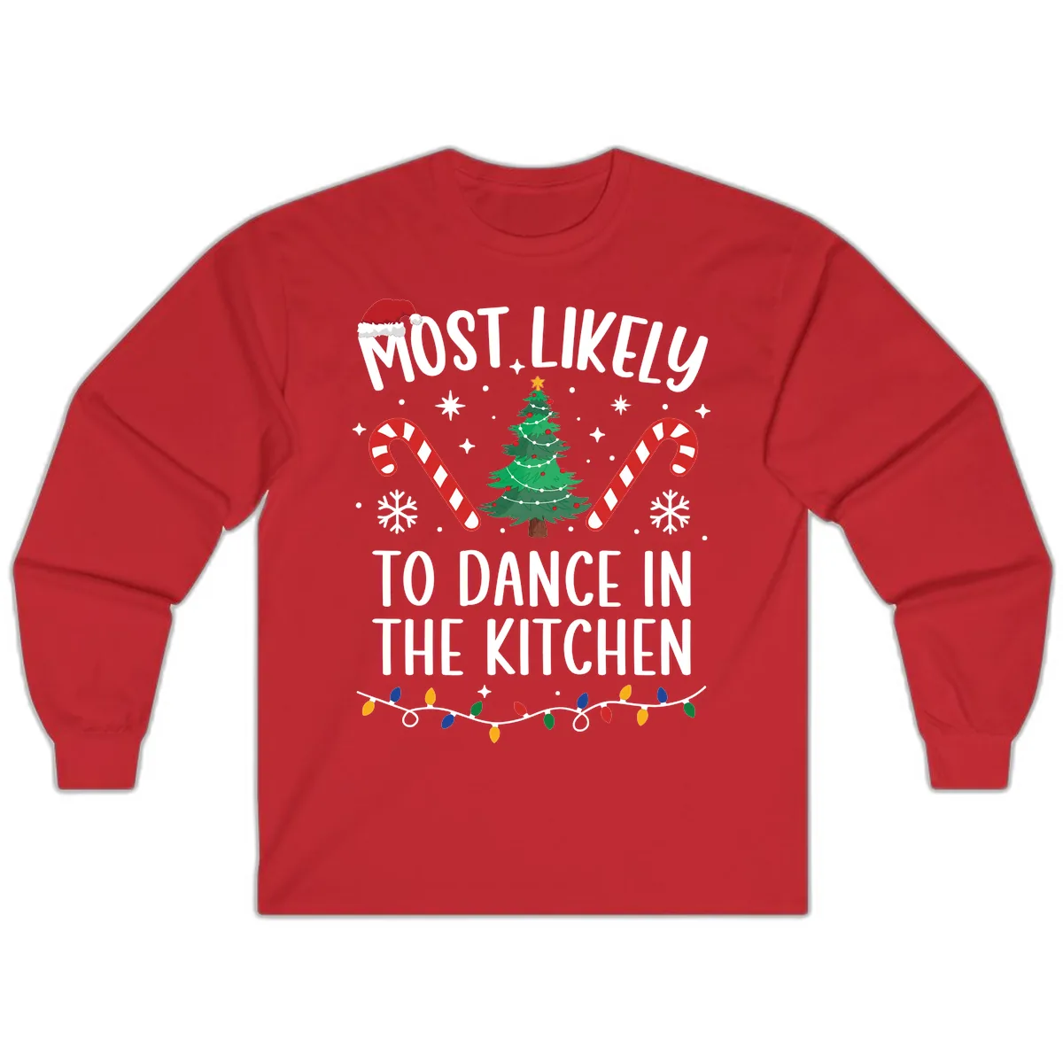 Most Likely To Dance In The Kitchen Christmas Long Sleeve in Red