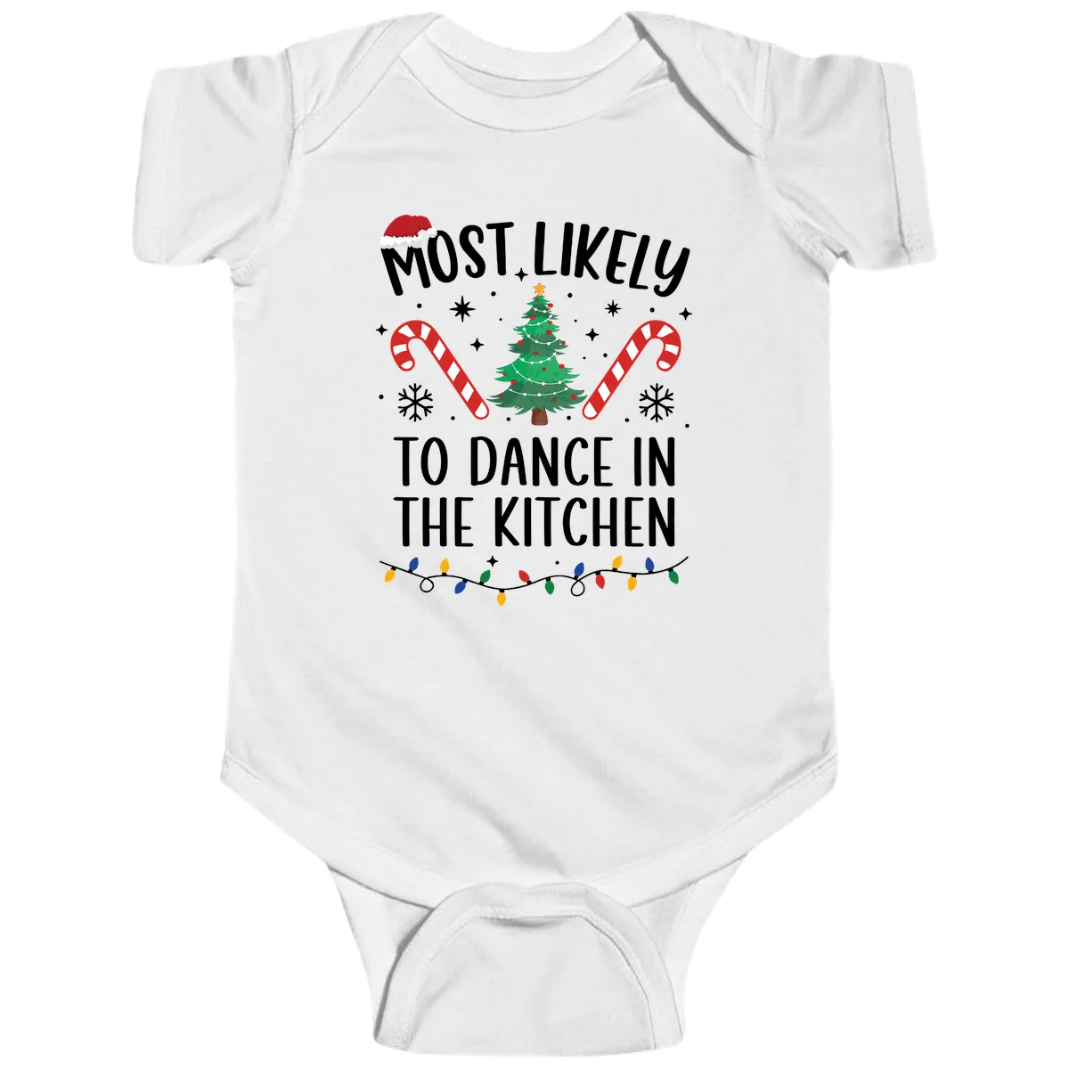 Most Likely To Dance In The Kitchen Christmas Baby Onesie in White