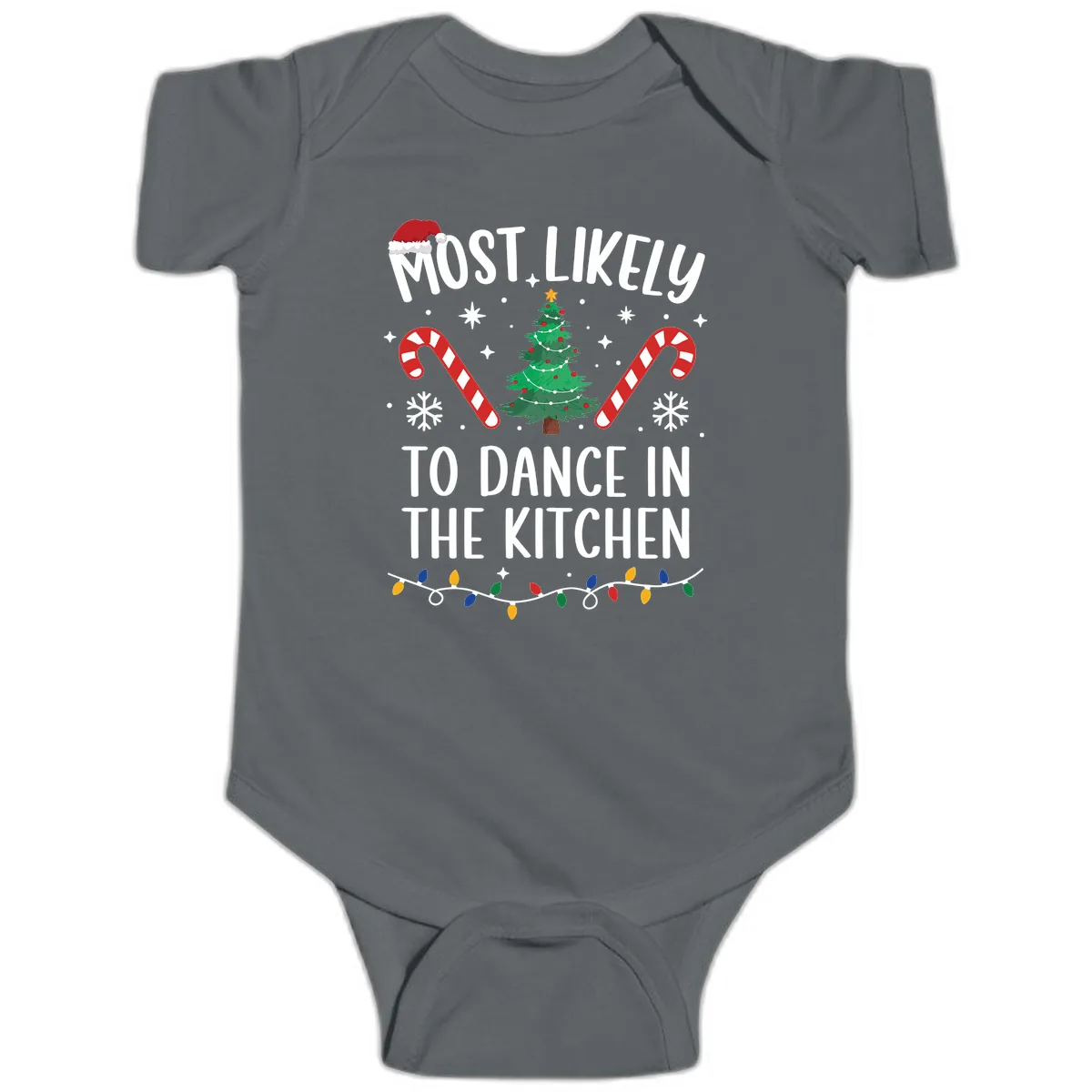 Most Likely To Dance In The Kitchen Christmas Baby Onesie in Charcoal
