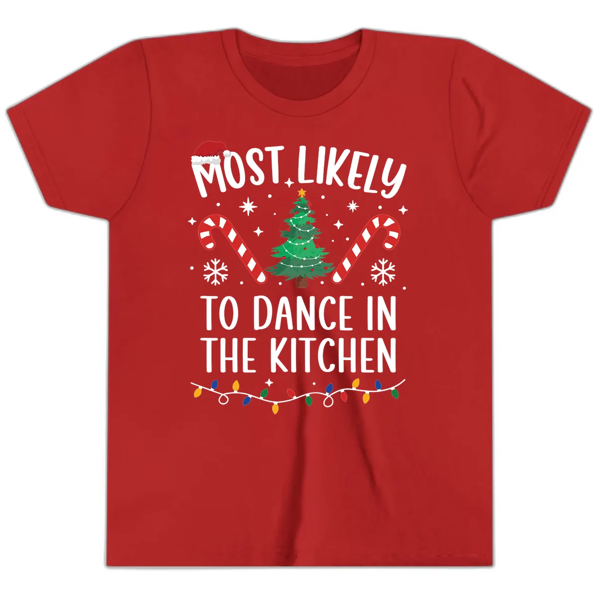 Most Likely To Dance In The Kitchen Christmas Youth T-Shirt in Red