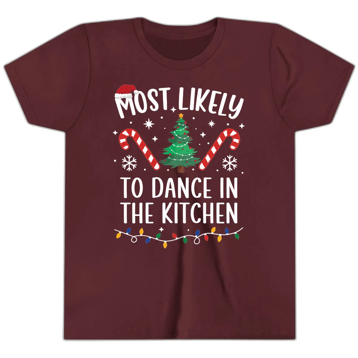 Most Likely To Dance In The Kitchen Christmas Youth T-Shirt in Maroon