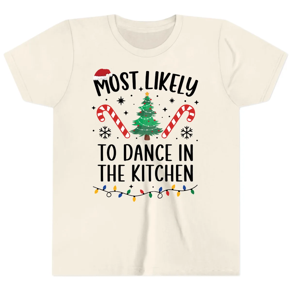Most Likely To Dance In The Kitchen Christmas Youth T-Shirt in Natural