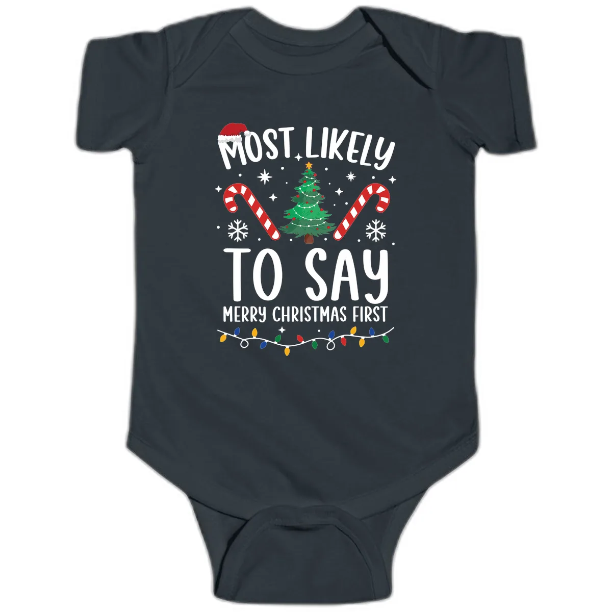 Most Likely To Say Merry Christmas First Baby Onesie in Black