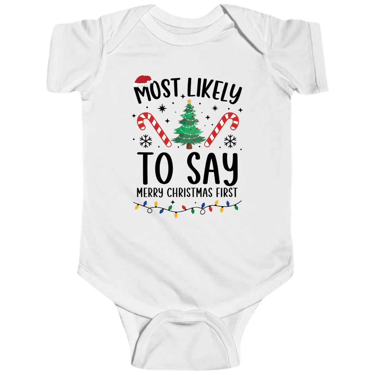 Most Likely To Say Merry Christmas First Baby Onesie in White