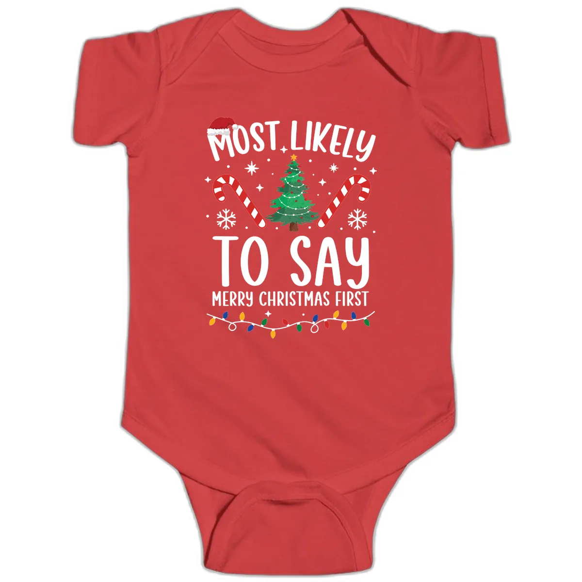 Most Likely To Say Merry Christmas First Baby Onesie in Red
