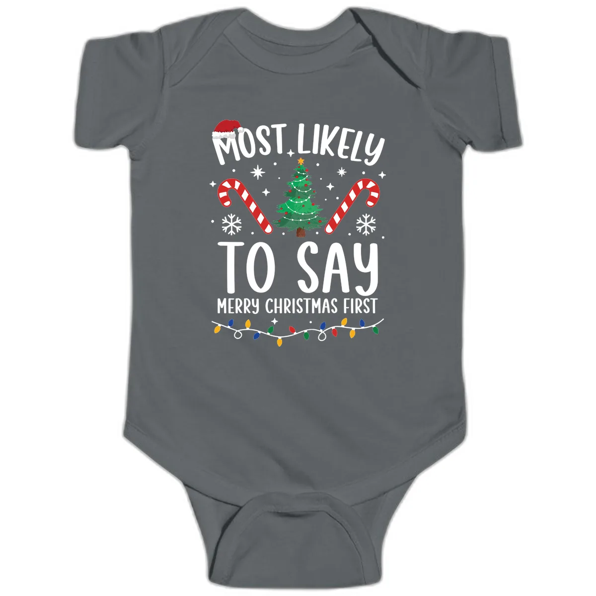 Most Likely To Say Merry Christmas First Baby Onesie in Charcoal